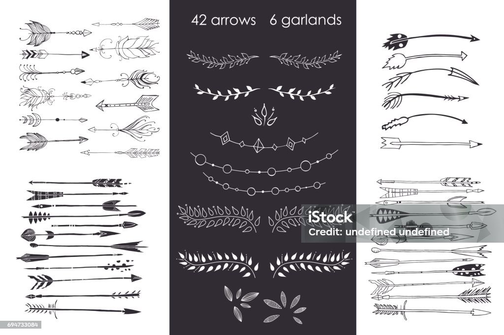 set with arrows, hand drawn ethnic collection with arrows, garlands, laurel for design, rustic decorative arrows, hippie and boho style vector illustration set with arrows. Hand drawn ethnic collection with arrows, garlands, laurel for design. Rustic decorative arrows, hippie and boho style vector illustration Arrow - Bow and Arrow stock vector