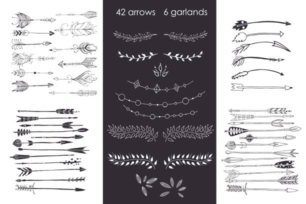 set with arrows, hand drawn ethnic collection with arrows, garlands, laurel for design, rustic decorative arrows, hippie and boho style vector illustration set with arrows. Hand drawn ethnic collection with arrows, garlands, laurel for design. Rustic decorative arrows, hippie and boho style vector illustration weed stamp stock illustrations