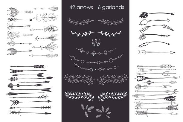 set with arrows, hand drawn ethnic collection with arrows, garlands, laurel for design, rustic decorative arrows, hippie and boho style vector illustration set with arrows. Hand drawn ethnic collection with arrows, garlands, laurel for design. Rustic decorative arrows, hippie and boho style vector illustration Cherokee stock illustrations