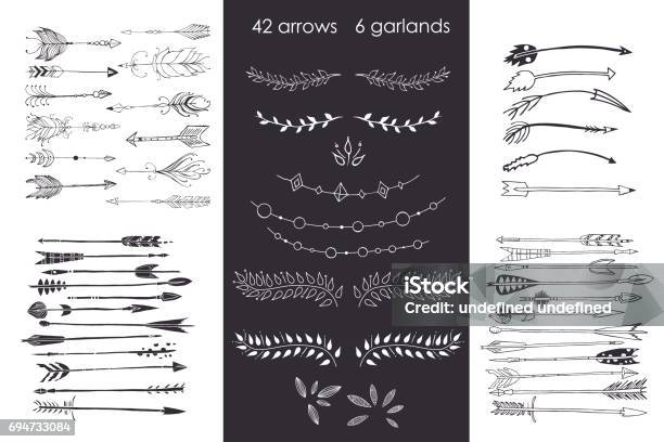 Set With Arrows Hand Drawn Ethnic Collection With Arrows Garlands Laurel For Design Rustic Decorative Arrows Hippie And Boho Style Vector Illustration Stock Illustration - Download Image Now