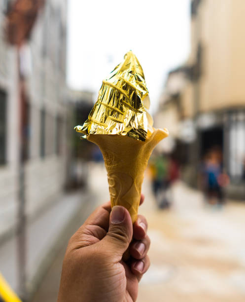 Kanazawa's famous ice cream topped with gold leaf, Kanazawa, Japan. stock photo