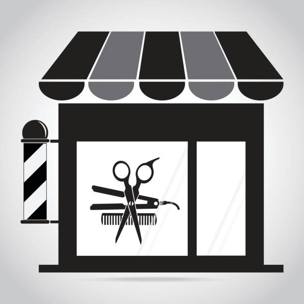 istock Hair salon, barber shop with scissors, comb icon, curling iron icon 694739378
