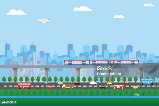 Urban Life Green Zone Cityscape Background Stock Illustration - Download Image Now - Train - Vehicle, Subway, Sky