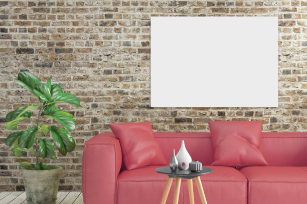 istock Modern hipster interior living room with  red sofa and poster frame 694750406
