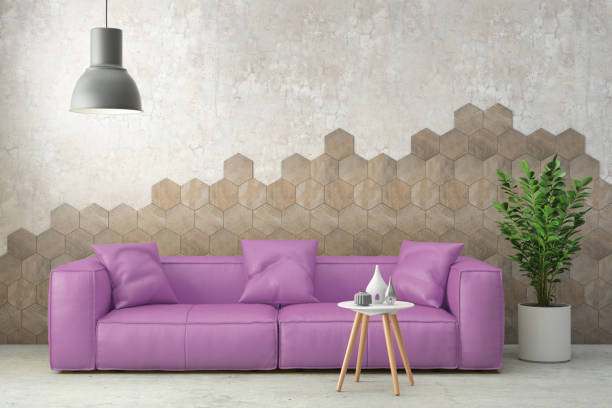 istock Minimalist modern interior living room with purple sofa and poster frame 694750654