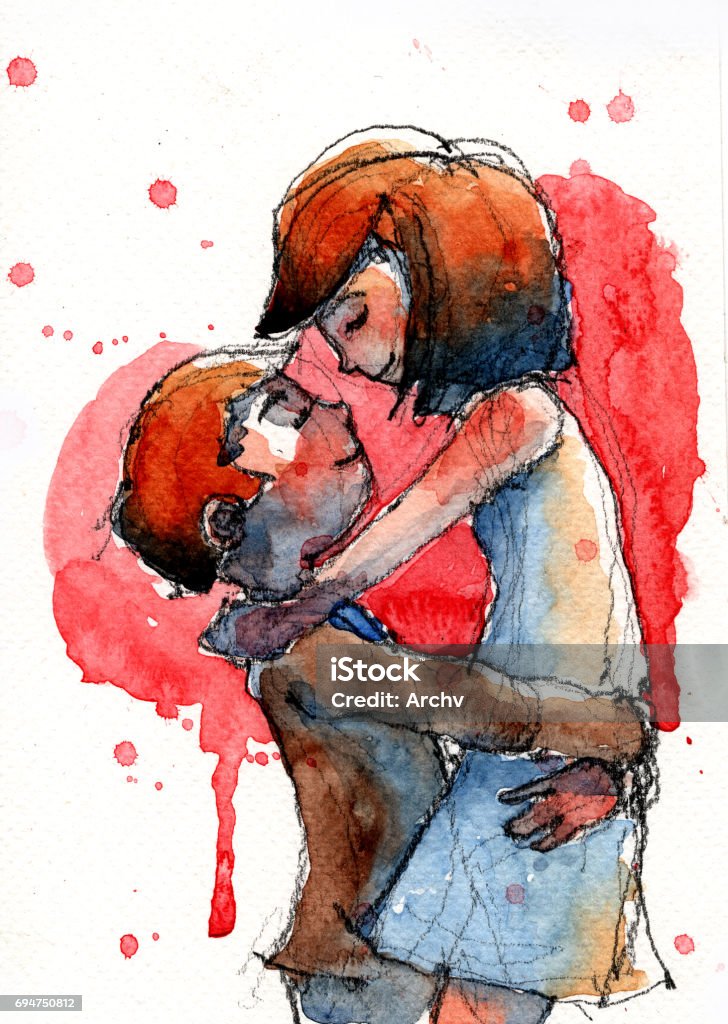 watercolor illustration of couple hugging, handmade treditional artwork scaned Adult stock illustration