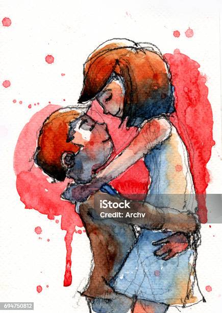 Watercolor Illustration Of Couple Hugging Handmade Treditional Artwork Scaned Stock Illustration - Download Image Now