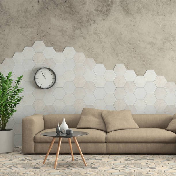 minimalista moderno interior salón con sofá y hexágono azulejos en la pared - loft apartment living room penthouse indoors fotografías e imágenes de stock
