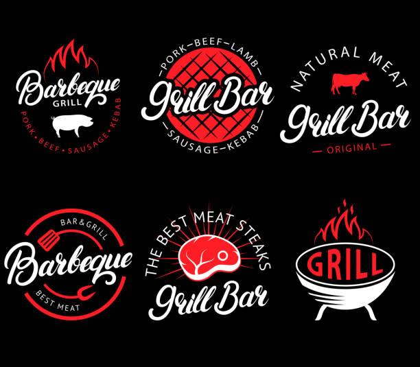 Vector set of grill bar and bbq labels in retro style. Vintage grill restaurant emblems, icon, stickers and design elements. Collection of barbecue signs, symbols and icons. Black and red color style Vector set of grill bar and bbq labels in retro style. Vintage grill restaurant emblems, icon, stickers and design elements. Collection of barbecue signs, symbols and icons. Black and red color style. chef cooking flames stock illustrations
