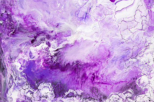 Abstract painting. Mixed purple and white paints. Unusual handmade background for poster, card, invitation and textile. Acrylic paints on canvas. Horizontal image.