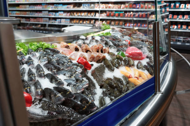 istock Fresh fish and seafood on iced market display 694764508