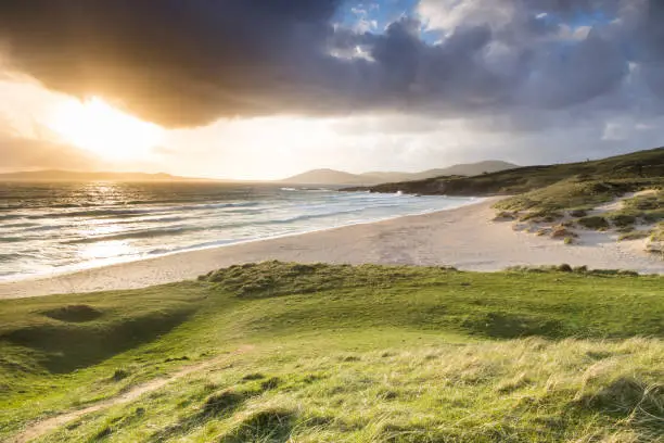 Traigh Lar beach from Horgabost on Harris, Outer Hebrides at sunset