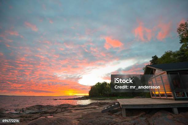 Beach Summer House Terrace Sunset Stock Photo - Download Image Now - Cottage, Lake, Archipelago