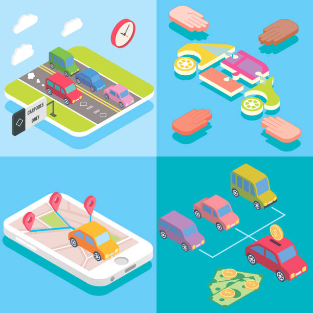 ilustrações de stock, clip art, desenhos animados e ícones de carpool service concept in isometric style design. vector flat 3d icons. people sharing cars. mobile smartphone to share ride and use carpooling hov lane. sharing economy and collaborative consumption - uber