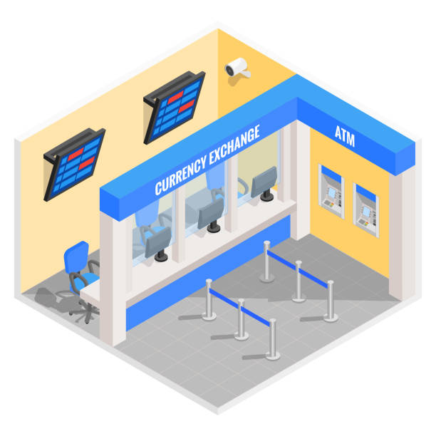 Currency exchange office in isometric style design. Vector flat 3d finance and money isolated icons and elements. Currency exchange booth interior Currency exchange office in isometric style design. Vector flat 3d finance and money isolated icons and elements. Currency exchange booth interior. exchange teller stock illustrations