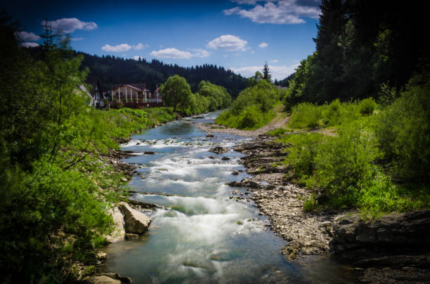 istock Background of Carpathian mountain river with long exposure 694777354