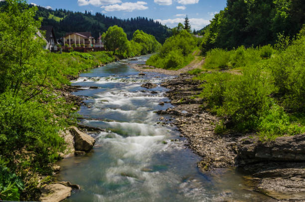 istock Background of Carpathian mountain river with long exposure 694777376