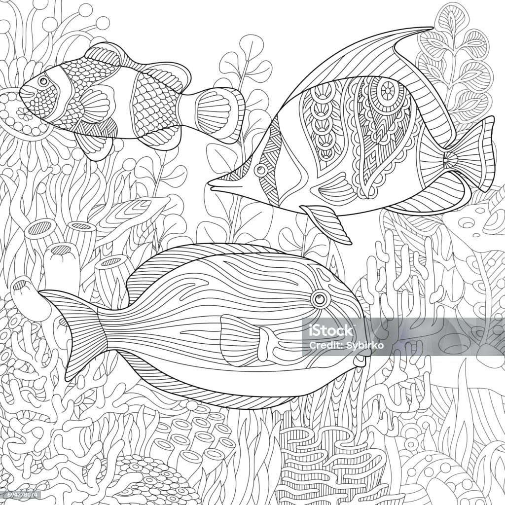 Stylized tropical fishes Stylized composition of tropical fish, underwater seaweed and corals. Freehand sketch for adult coloring book page. Coloring stock vector