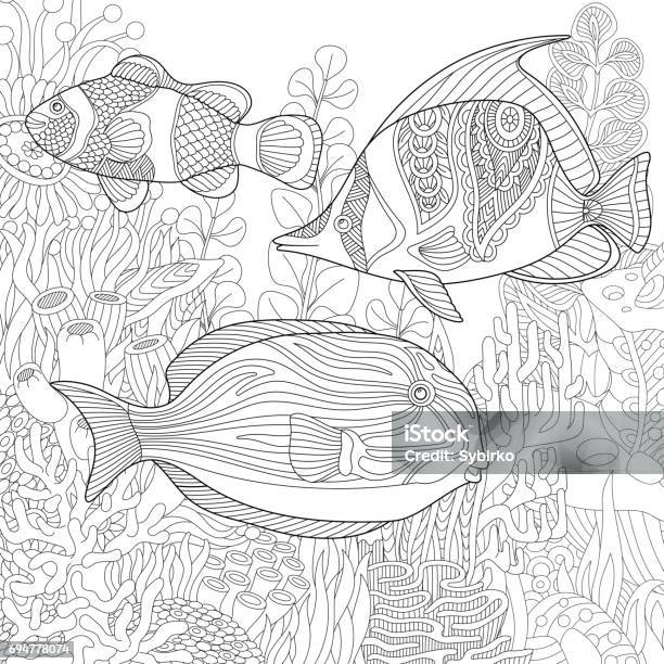 Stylized Tropical Fishes Stock Illustration - Download Image Now - Coloring, Sea, Undersea