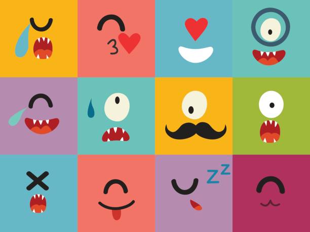 ilustraciones, imágenes clip art, dibujos animados e iconos de stock de emoticonos del vector patrón. emoji iconos cuadrados de cyclops lindo - monster alien love animal