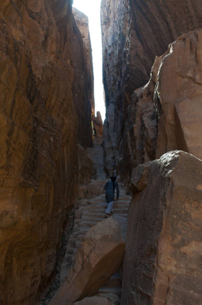 jordania: un beduino hombre entre las rocas de siq al-barid, el cañón frío, la entrada principal de la arqueológica ciudad nabatea de beidha, famosa como la pequeña petra - el barid fotografías e imágenes de stock