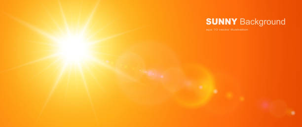 ilustraciones, imágenes clip art, dibujos animados e iconos de stock de fondo soleado, sol naranja con destello de lente - calor