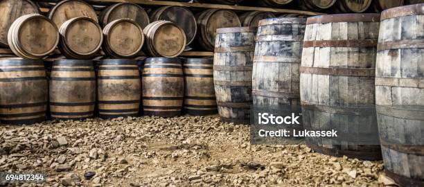 Whisky Barrels In The Store House Stock Photo - Download Image Now - Bourbon Whiskey, Barrel, Distillery