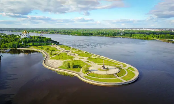 Famous Strelka park in place of confluence of Kotorosl and Volga rivers in Yaroslavl, Russia