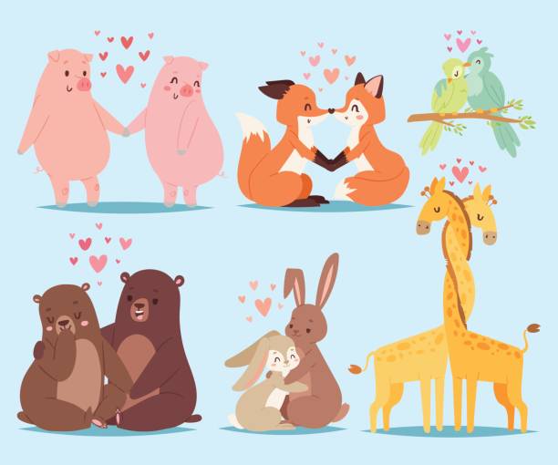 ilustrações de stock, clip art, desenhos animados e ícones de animals couple in love valentines day holiday vector illustration - beautiful friendship wildlife nature