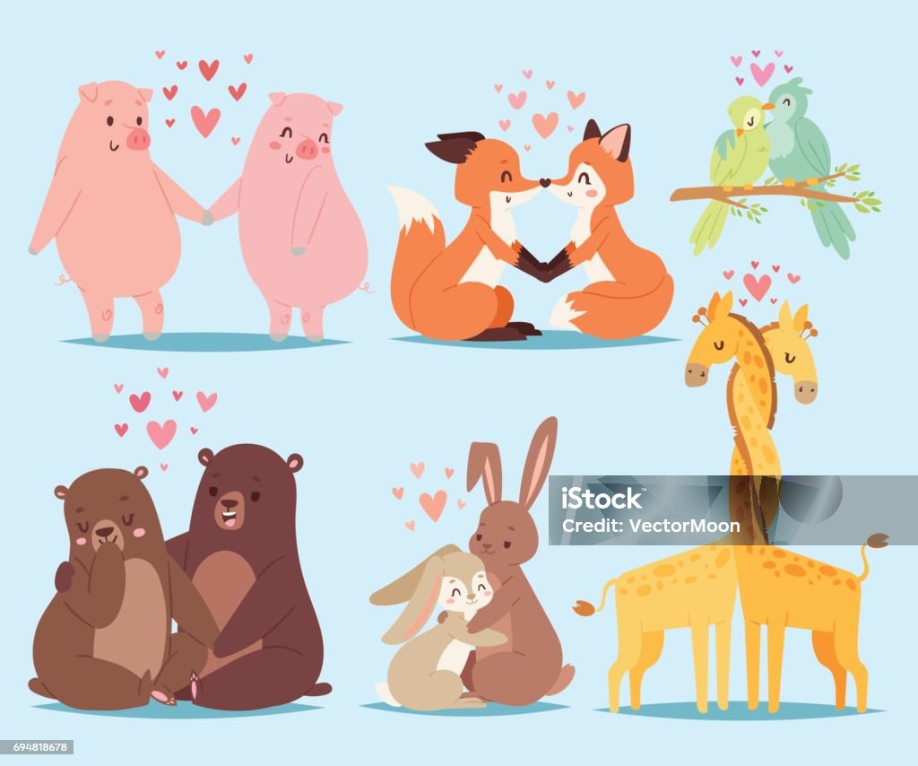 Animals Couple In Love Valentines Day Holiday Vector Illustration Stock  Illustration - Download Image Now - iStock