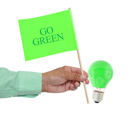 Go Green flag in hand wearing green plaid cuffed shirt lightbulb isolated on white background