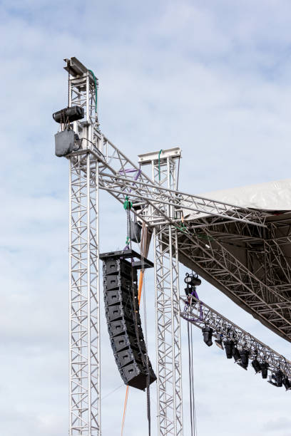 istock speakers and spotlights equipment mounted on stage against sky background 694829108