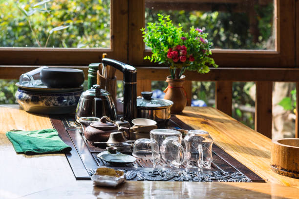 travel to China - empty dish on table in chinese eatery in Chengyang village of Sanjiang Dong Autonomous County in spring morning