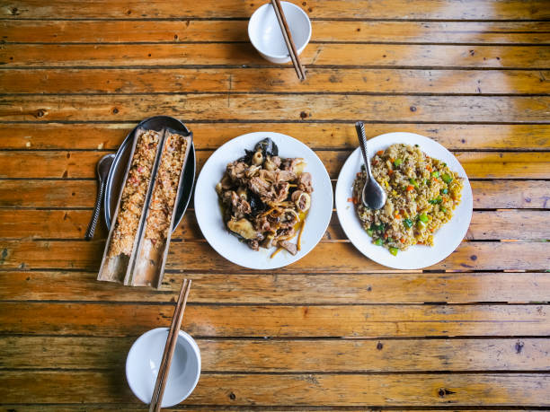 top view of served chinese dinner in rustic eatery