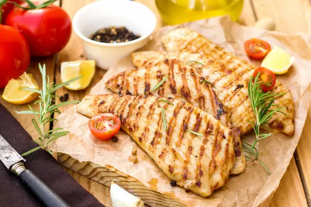 Grilled pork escalopes with rosemary, lemon and cherry tomatoes