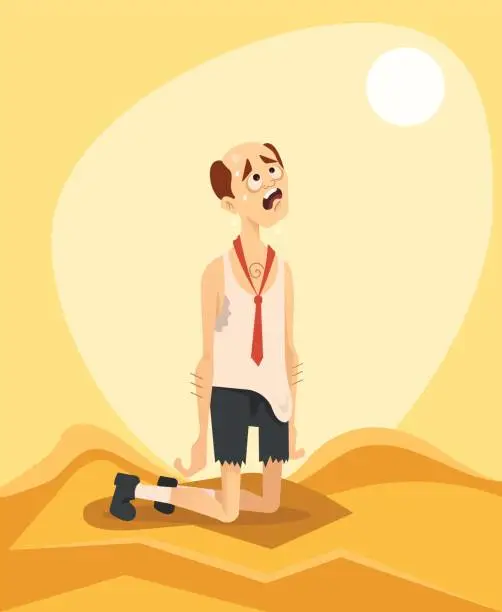 Vector illustration of Tired unhappy office worker man character. Hot weather day