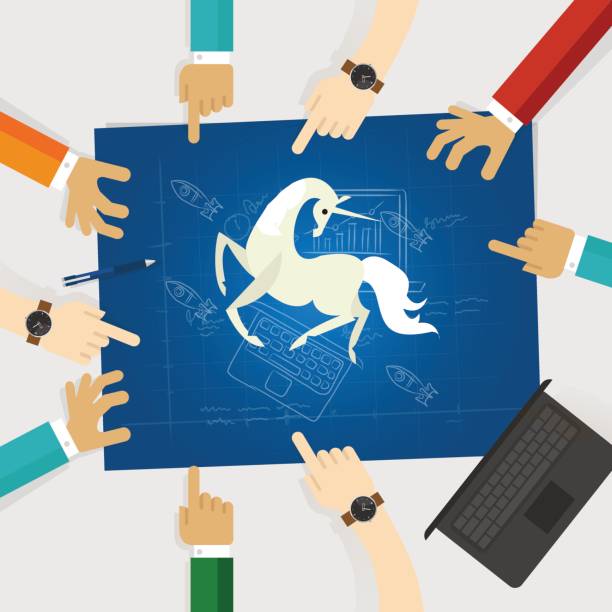 einhorn-start-up-tech-unternehmen hände zeigen weißen pferd rund um die blaupause mit skizze, zeichnung - boat horn stock-grafiken, -clipart, -cartoons und -symbole