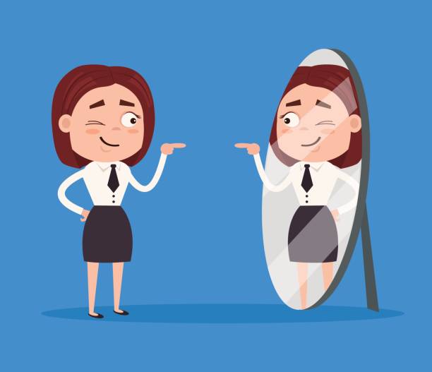 ilustraciones, imágenes clip art, dibujos animados e iconos de stock de feliz sonriente un carácter de trabajador de oficina de negocios narcisista mujer mira en el espejo - elitist