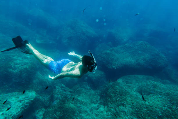 istock man swim underwater in snorkel 694872210
