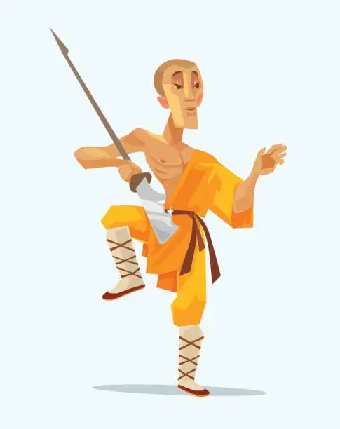 Vector illustration of Monk Shaolin warrior man character standing in pose with weapon