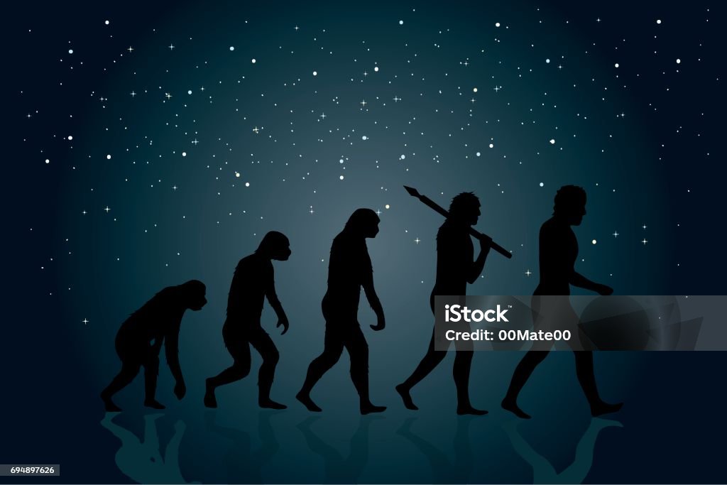 Evolution of Man Evolution of Man into a modern (digital) world. Space in the background. Evolution stock vector