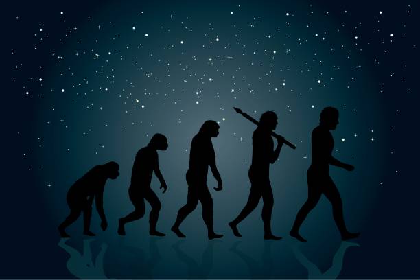 Evolution of Man Evolution of Man into a modern (digital) world. Space in the background. evolution stock illustrations