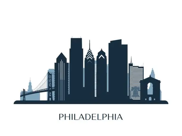 Vector illustration of Philadelphia skyline, monochrome color. Vector illustration.