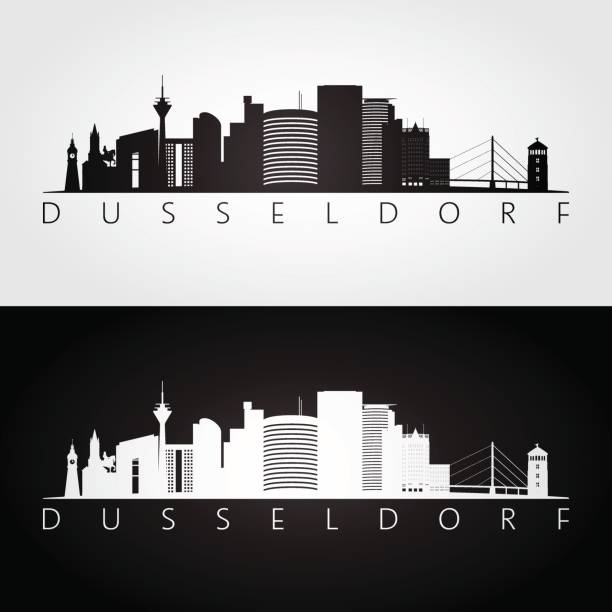 stockillustraties, clipart, cartoons en iconen met dusseldorf skyline en bezienswaardigheden silhouet, zwart / wit ontwerp, vectorillustratie. - dusseldorf