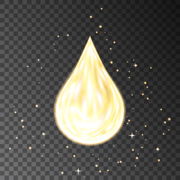 Gold  neon oil drop isolated on transparent background. Gold  neon oil drop isolated on transparent black background with fire flame light effects. Collagen,  coenzyme Q10  serum golden droplets solution. Vector for skin care cosmetics package. fire letter e stock illustrations