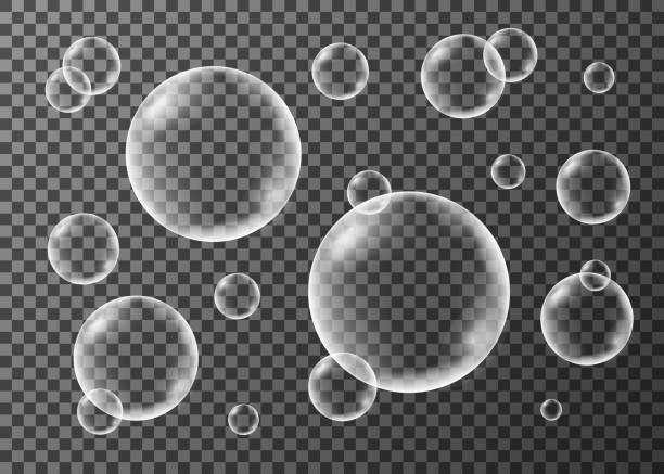Set of realistic transparent  soap, oxygen or water  bubbles. Set of realistic transparent white soap, oxygen or clean water  bubbles  isolated on dark  background. Vector splash texture. good condition stock illustrations