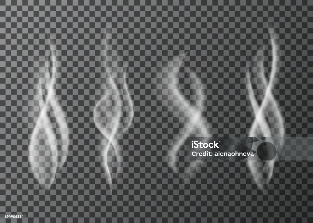 Smoke  from a cup of  hot coffee or tea. White cigarette smoke or vapour special effect  isolated on transparent background.  Steam  from a cup of  hot coffee or tea.  Realistic  vector smell texture. Smoke - Physical Structure stock vector