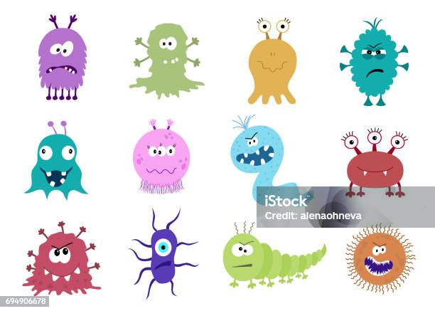 Bactéries Drôles Et Effrayants En Dessin Animé Personnages Isolés Sur Fond Blanc Vecteurs libres de droits et plus d'images vectorielles de Enfant