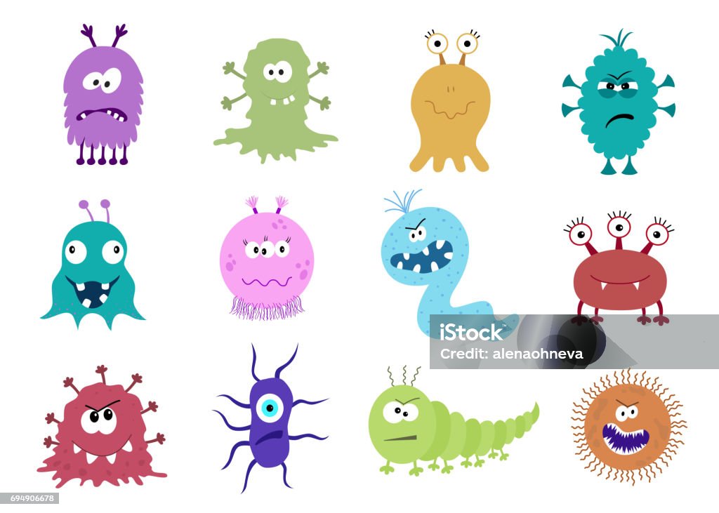 Funny and scary bacteria cartoon characters isolated on white background. Funny and scary bacteria cartoon characters isolated on white background. Cute kids toy Halloween monsters. Set of good and bad microbs in flat style. Vector  icons of gut and intestinal flora, germs, virus. Child stock vector