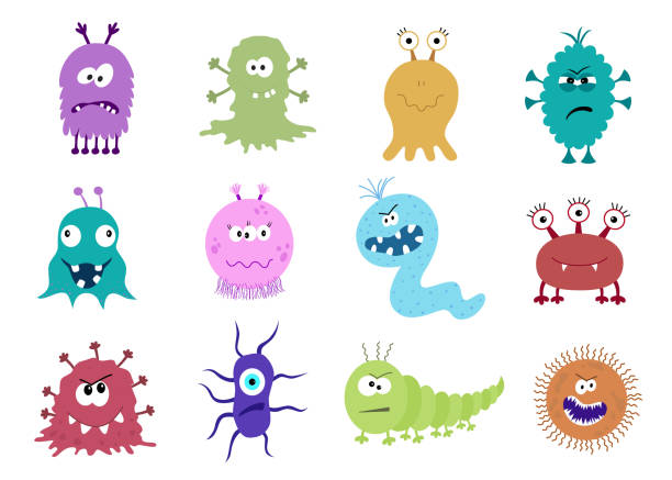 Funny and scary bacteria cartoon characters isolated on white background. Funny and scary bacteria cartoon characters isolated on white background. Cute kids toy Halloween monsters. Set of good and bad microbs in flat style. Vector icons of gut and intestinal flora, germs, virus. insect abdomen stock illustrations